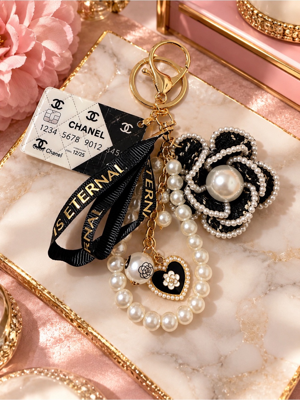 Hand-Assembled Black Gold Pearl Camellia Bag Charm Keychain